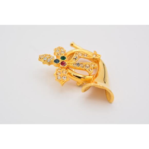 Merksamer Vintage Horn Pin Brooch Rhinestone Crystal Gold Tone Signed 90s BinAT - Picture 9 of 12